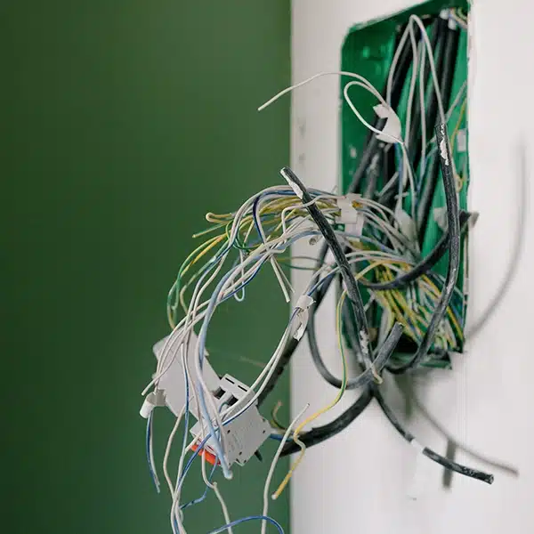 fils électriques qui sortent d'un mur en cours de chantier de travaux d'électricité